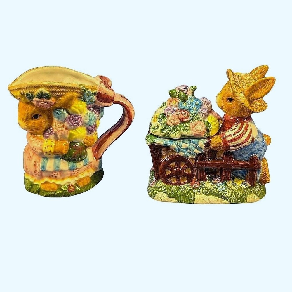 Springtime Decor Bunnies Creamer Pitcher & Sugar Or Condiments Set Floral *New